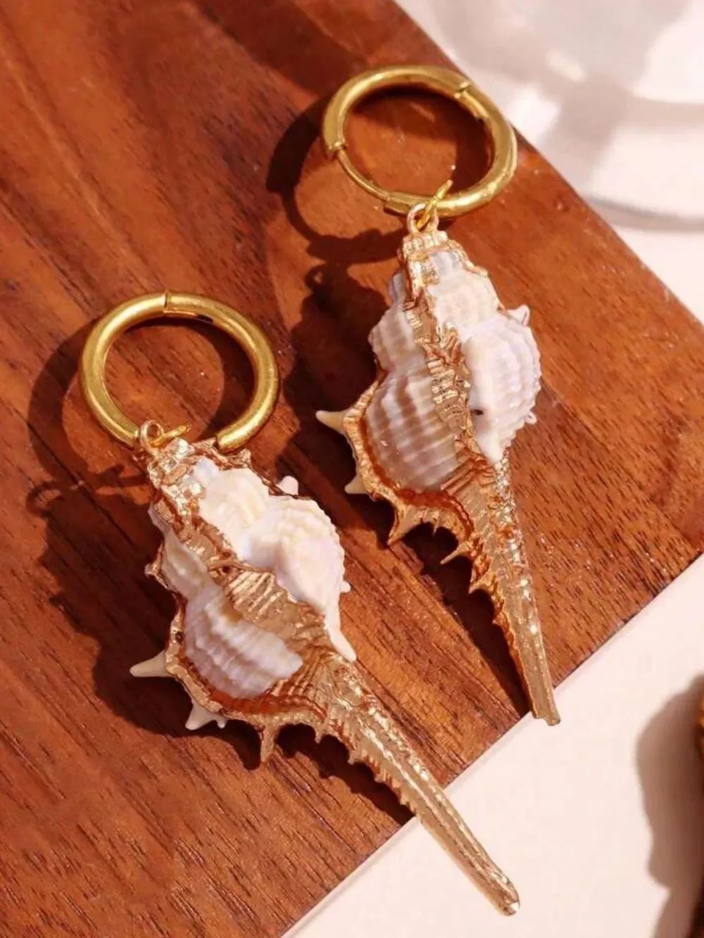 L White Shell and Gold Drop Hoop Earrings R715 - Picture 3 of 3
